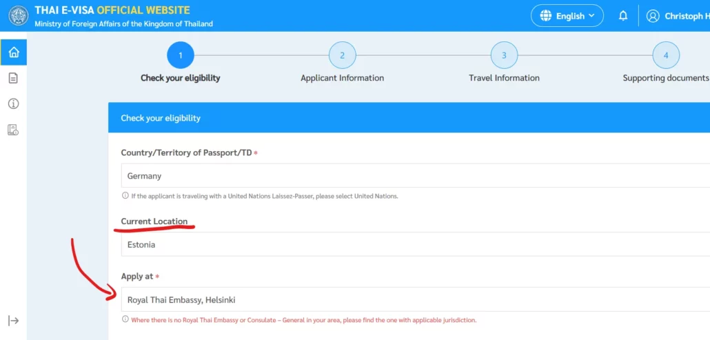 Thai Visa Application. Question for the current location