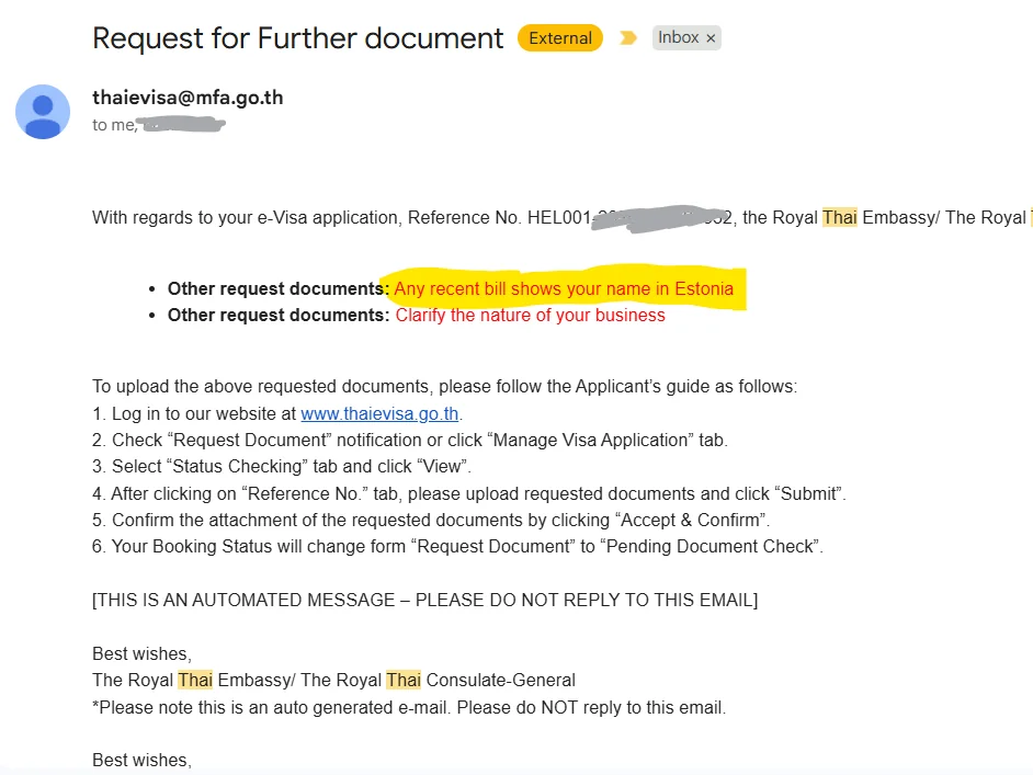 Thai Visa Application: Email request for further documents